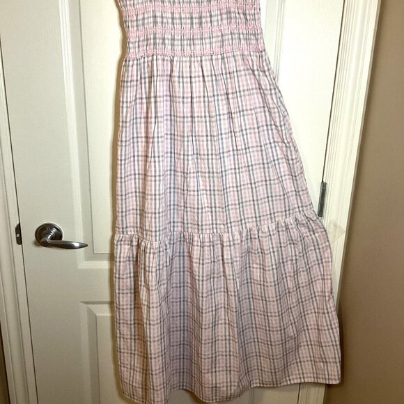 French Connection Women's Pink Grey Check Smocked Midi Sun Dress Size S Vacation - Picture 4 of 8